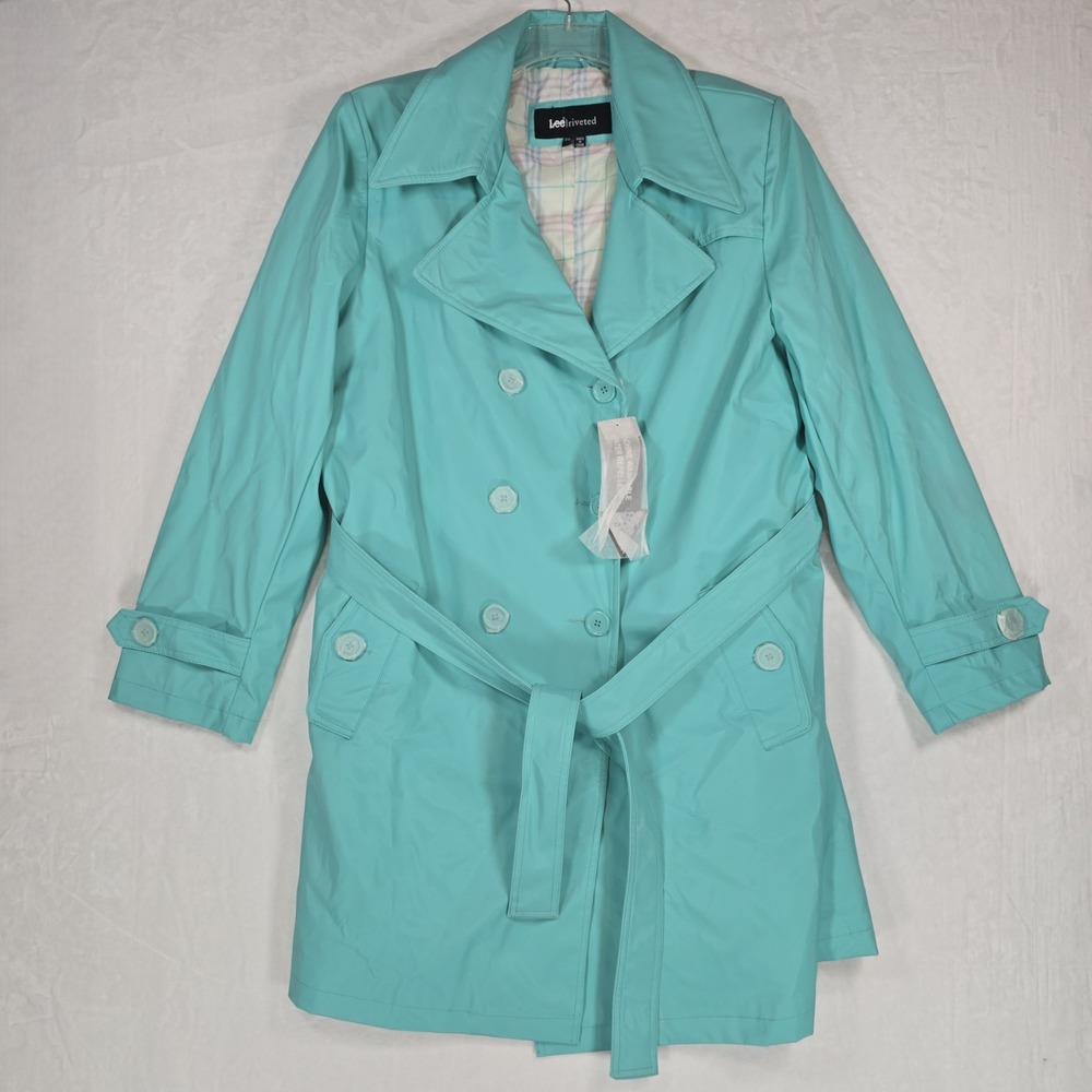 Lee Riveted Womens XXL Aqua Trench Coat Belted Plaid Lined Y2K Rain Jacket NWT